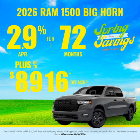 Promotional graphic advertising 2.9% APR for 72 months plus up to $8,916 off MSRP on the 2026 Ram 1500 Big Horn at Transwest Chrysler Dodge Jeep and Ram for their Spring Into Savings Sales Event