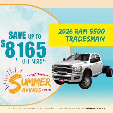 Promotional graphic advertising up to $8,165 off MSRP on the 2026 RAM 5500 Tradesman 