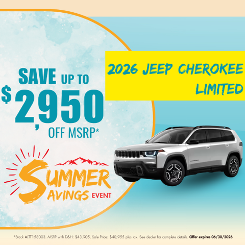 Promotional graphic advertising up to $2,950 off MSRP on the 2026 Jeep Cherokee Limited