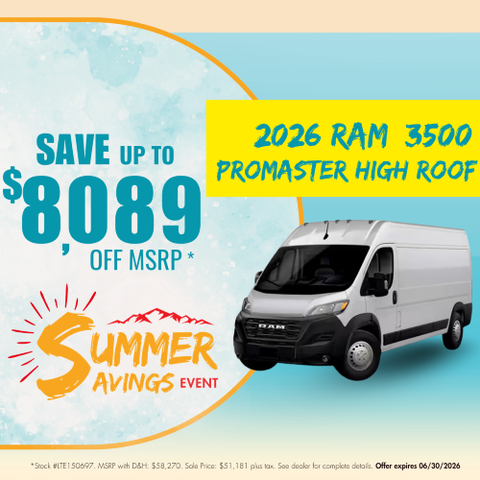 Promotional graphic advertising up to $8,089 off MSRP on the 2026 Ram 3500 Promaster High Roof