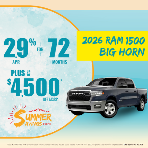 Promotional graphic advertising 2.9% APR for 72 Months plus up to $4,500 off MSRP on the 2026 Ram 1500 Big Horn