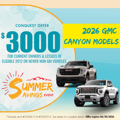 Promotional graphic advertising up to $3,000 off in conquest offers for current owners and lessees of eligible 2012 or newer non-GM vehicles on the 2026 GMC Canyon models