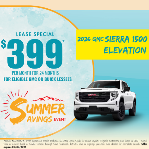 Lease Special: $399 per month for 24 months on eligible gmc or buick lessees for the 2026 GMC Sierra 1500 Elevation
