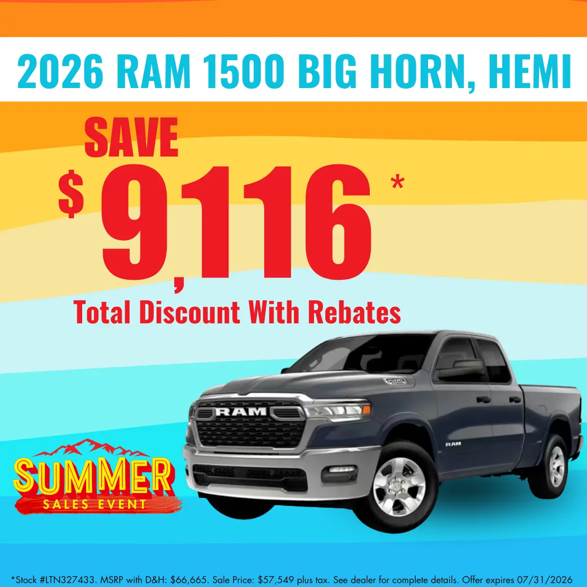 Save $9,116 Total Discount With Rebates on the 2026 Ram 1500 Big Horn, Hemi at Transwest CDJR in Limon, CO.