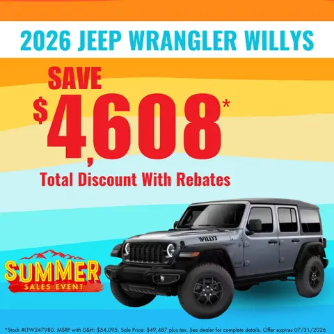 Save $4,608 Total Discount With Rebates on the 2026 Jeep Wrangler Willys at Transwest CDJR in Limon, CO.