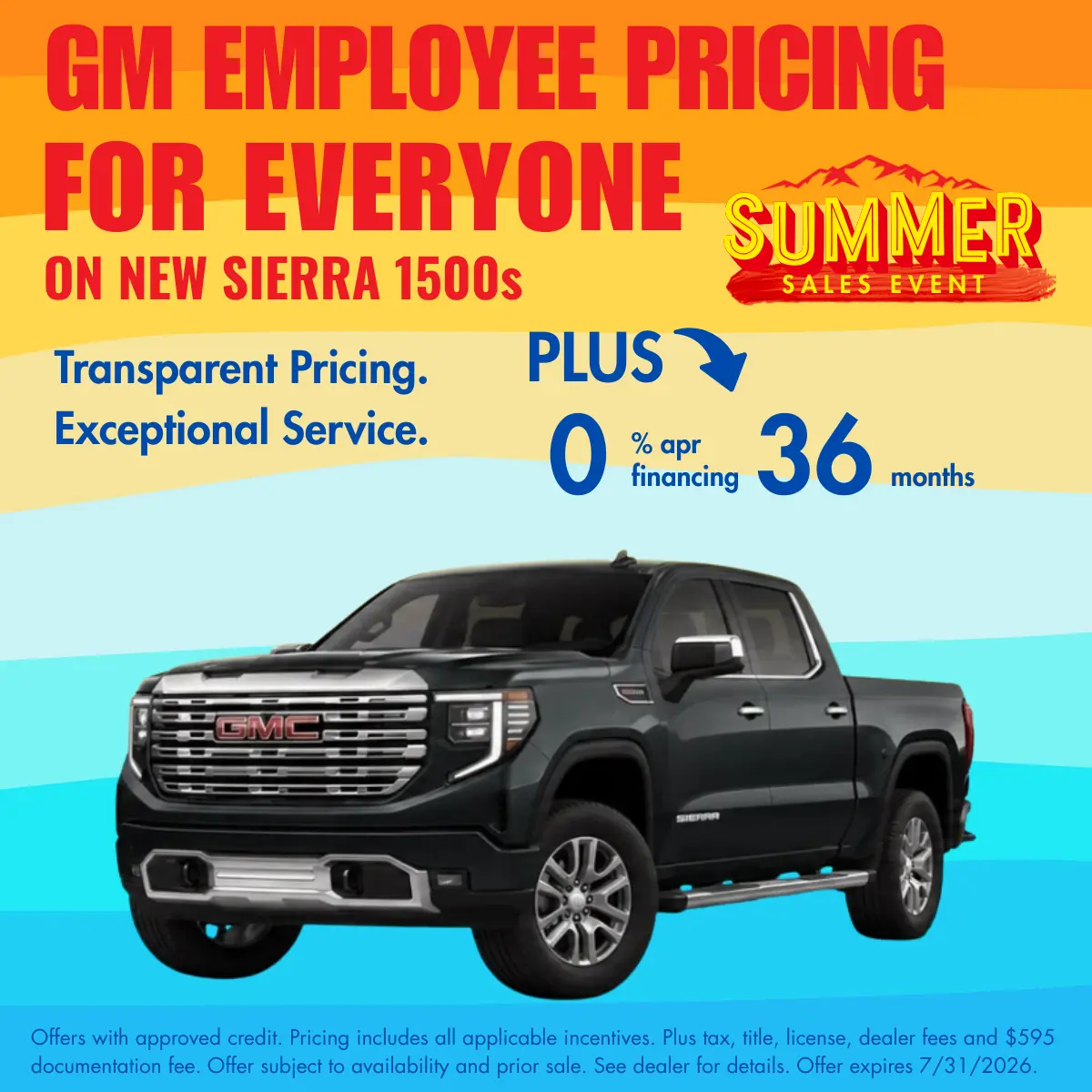 Score GM Employee Pricing on New Sierra 1500s, plus 0% APR for 36 Months at Transwest GMC in Henderson, CO.