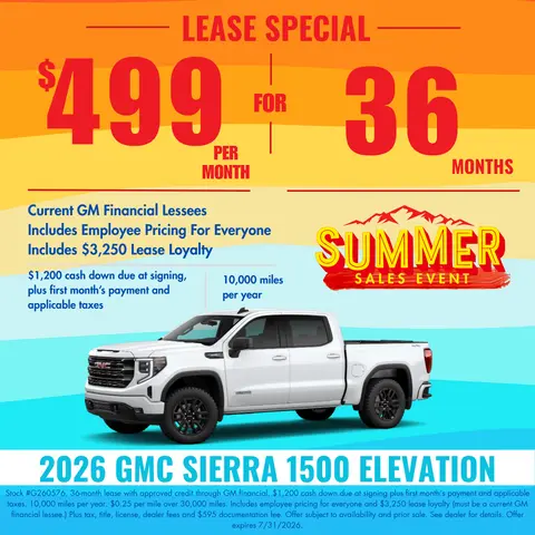 Score $499 per month for 36 months on the 2026 GMC Sierra 1500 Elevation at Transwest GMC in Henderson, CO.
