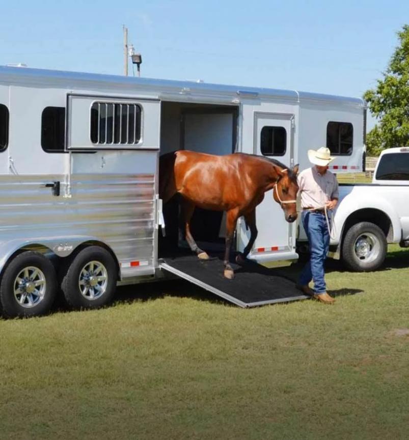 Man unloading a horse from a horse trailer