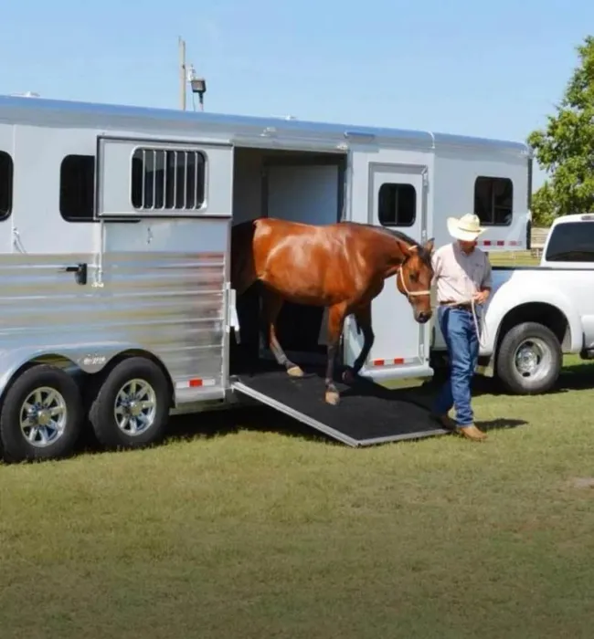 A man walks a horse out of a large horse trailer hitched to a white pickup truck