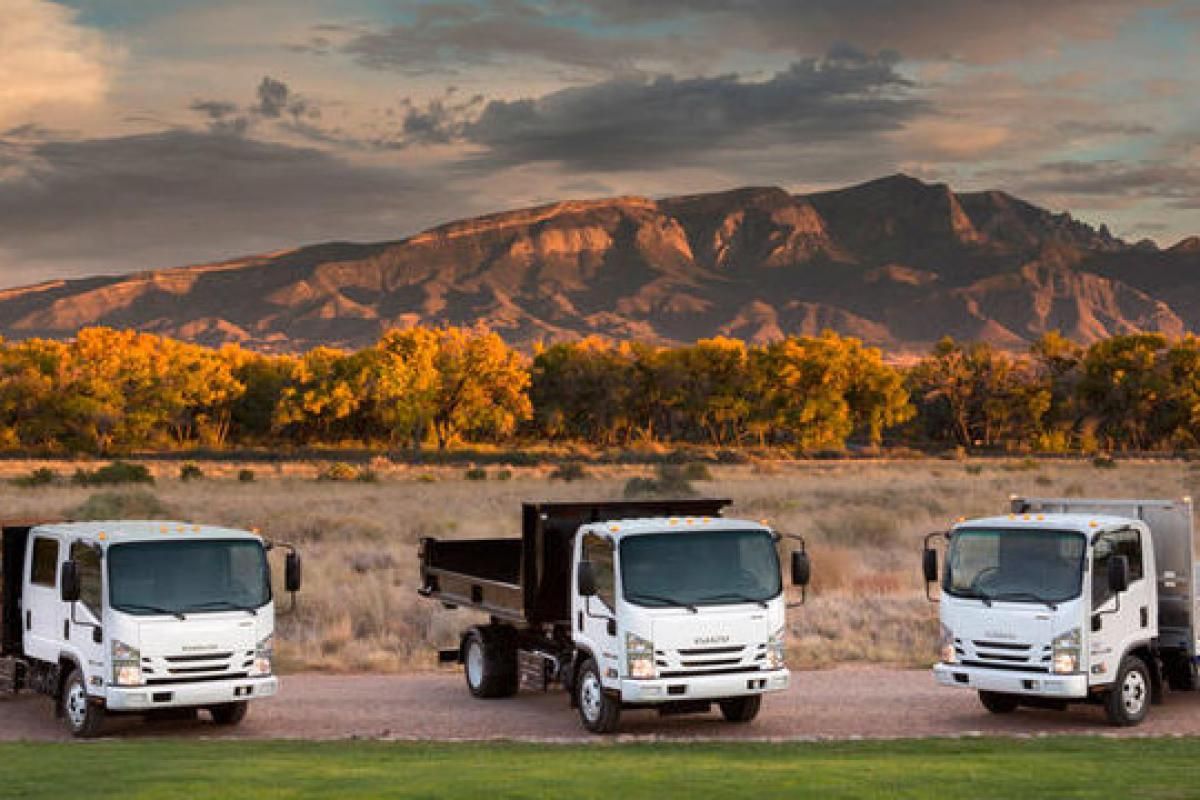 Truck fronts in front of a mountain
