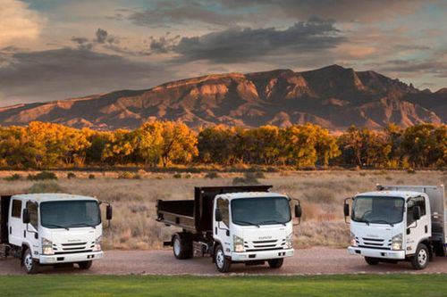 Truck fronts in front of a mountain